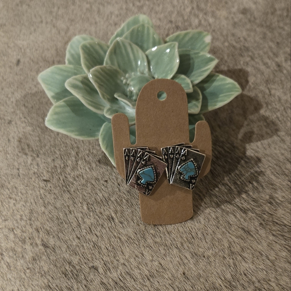 Silver and Turquoise 4 Aces Card Stud Earrings